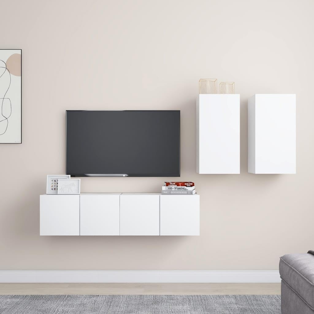4-TLG. TV-Schrank-Set Weiß, Holzwerkstoff, Hängend, Modernes Media Center für Wohnzimmer, Schlafzimmer, Viel Stauraum