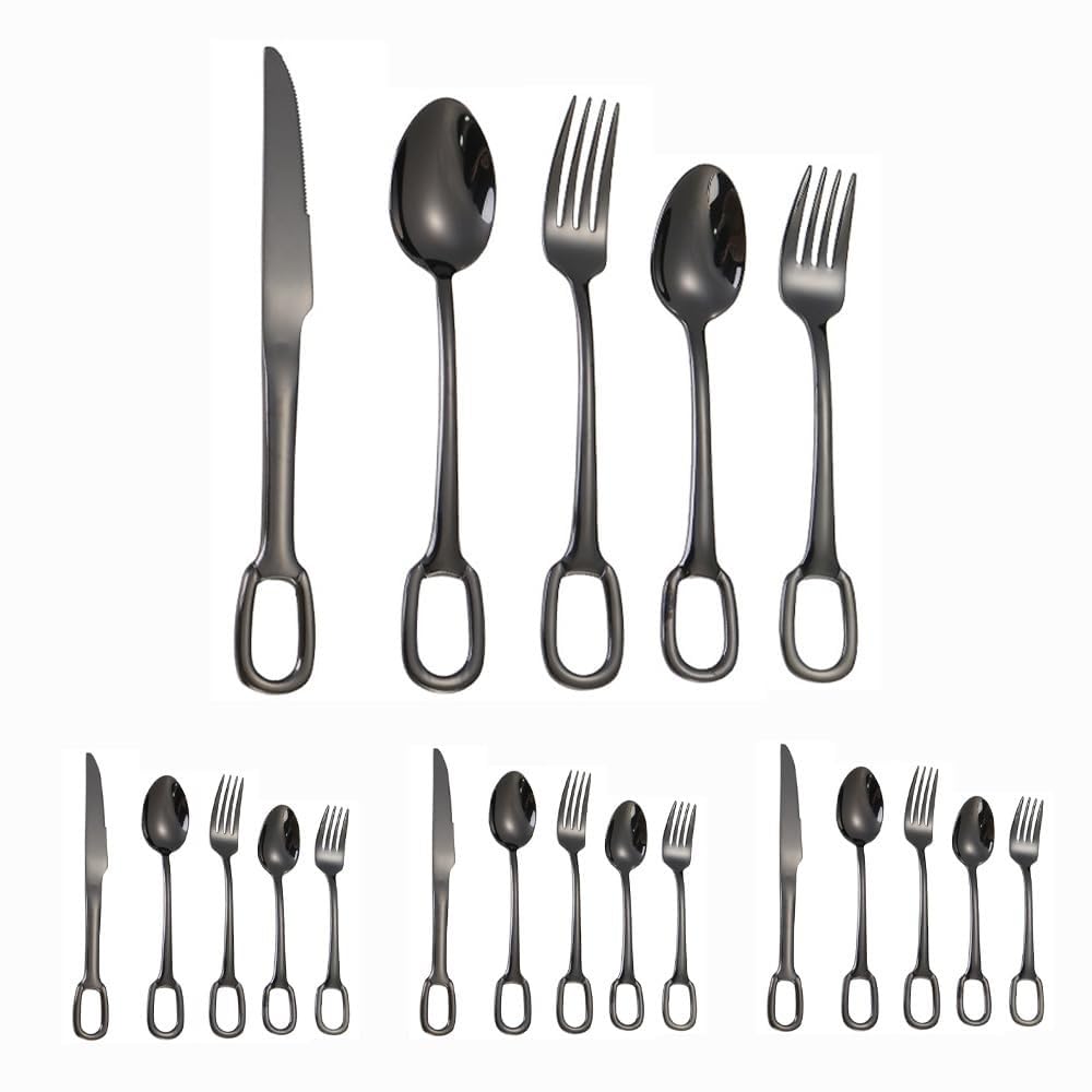 Cuisine Circulaire Trou De Suspension Poignée En Acier Inoxydable Argenterie Vaisselle Couverts Ensemble De Couverts Couteau À Steak Fourchette Cuillère Cuillère À Café (Noir,20 pièces)