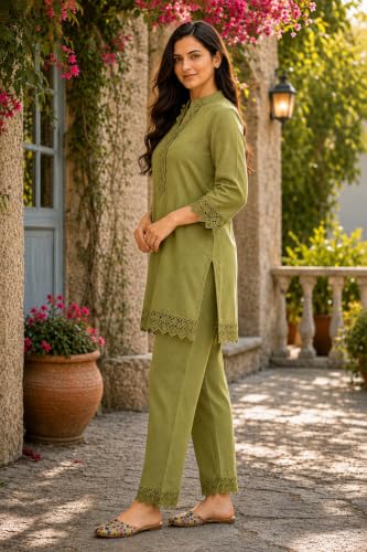 Image of Women's Pure Cotton Co-Ord Set, Green Kurta with Pant, Floral Embroidered 3 /4 Sleeve, Stylish Pocket