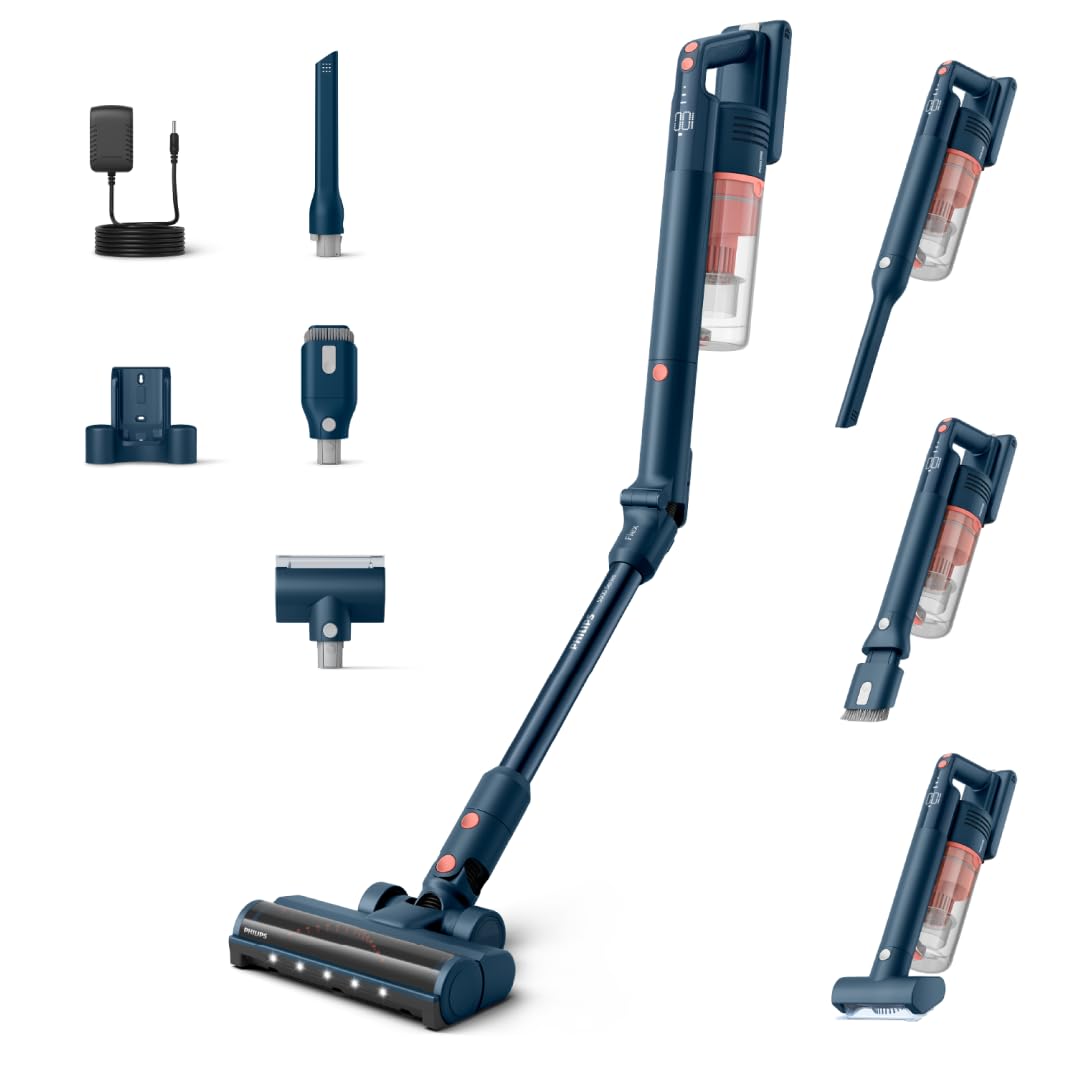 Philips SpeedPro Max Kabelloser Staubsauger 5000 Series Flex, Leistungsstarke Saugkraft, 60 Min. Laufzeit, Düse mit LED-Beleuchtung, Tierhaar-Düse, Fugendüse & Kombi-Zubehör, inkl. Display (XC5243/10)