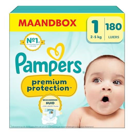 Pampers Premium Protection Maat 1, 180 Luiers, 2kg-5kg, Dubbele Bescherming voor de Huid en Tegen Lekken