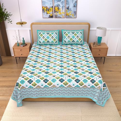 Image of India 100% Pure Cotton Jaipuri Printed Double Bedsheet with 2 Pillow Covers | Traditional Sanganeri Floral Design | Soft Breathable Fabric | King Size Bedsheet for Bedroom (Kaya37)