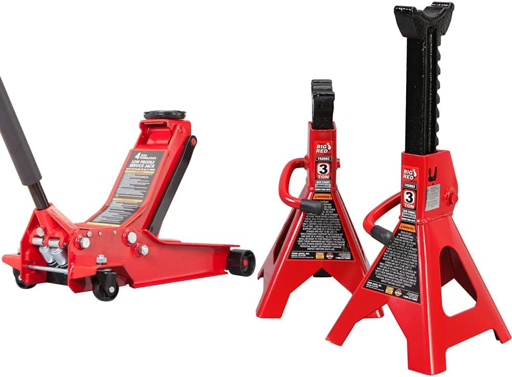 BIG RED AT84007R Torin Hydraulic Floor Jack (4 Ton) + BIG RED T43202 Torin Heavy Duty Steel Jack Stands (3 Ton)