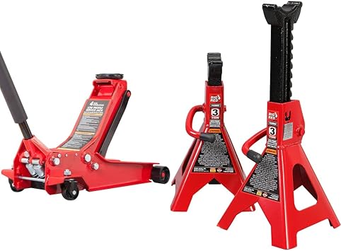 BIG RED AT84007R Torin Hydraulic Floor Jack 4 Ton + BIG RED T43202 Torin Heavy Duty Steel Jack Stands 3 Ton