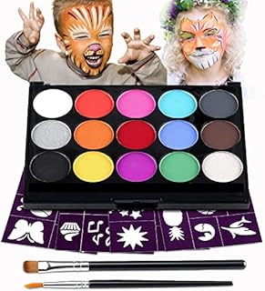 CCBeauty Face Painting Kit for Kids with Stencils, 15 Colors Water Activated Body Paints Makeup Palette, Hypoallergenic Washable Safe & Non-Toxic, Easy to Paint for Halloween Party with 2 Art Brushes,4 Sheets Stencils
