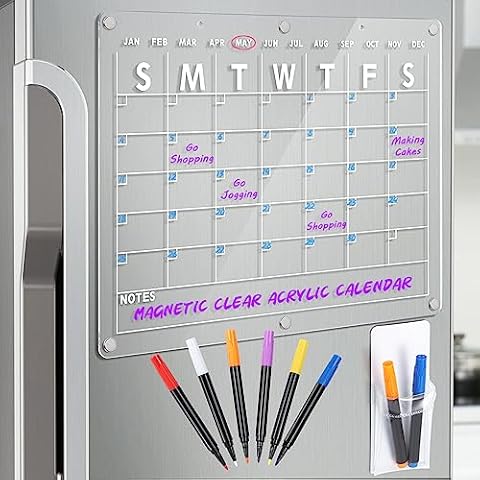 Acrylic Magnetic Dry Erase Board Calendar for Fridge, 16.5"x12" Inch Clear Dry Erase Calendar for Refrigerator, Magnetic Planning Calendar Includes 6 Colors Dry Erase Markers and Magnetic Pen Holder Cover