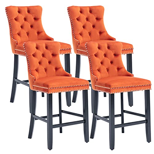 Virabit Velvet Counter Height Bar Stools Set Of 4, 27" Padded Bar Stool With Button And Nailhead Decoration, Bar Stool With Back And Wooden Legs(Orange) #TOP19