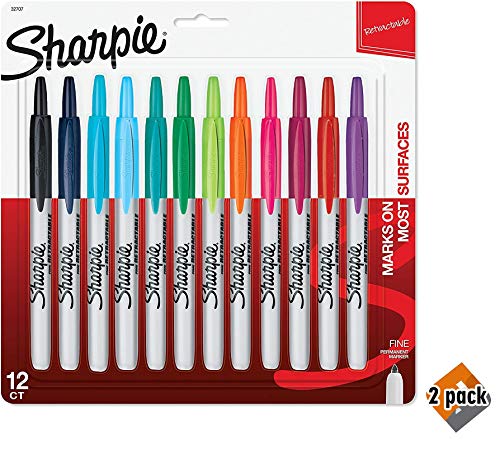Sharpie 32707 Retractable Permanent Markers, Fine Point, Assorted Colors, 12 Count - Pack 2