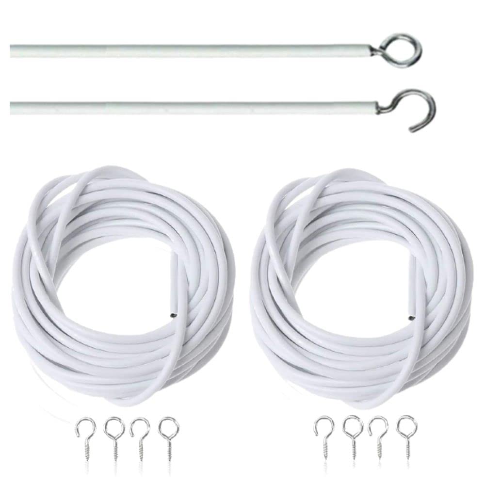 Cord Cable and Eyes Hook for Net Curtains Curtain Wire Net with Hooks & Eyes Set Rail Net Curtain Tension Rod Curtain Hooks Plastic White Curtain Wire 5 meter Kit.