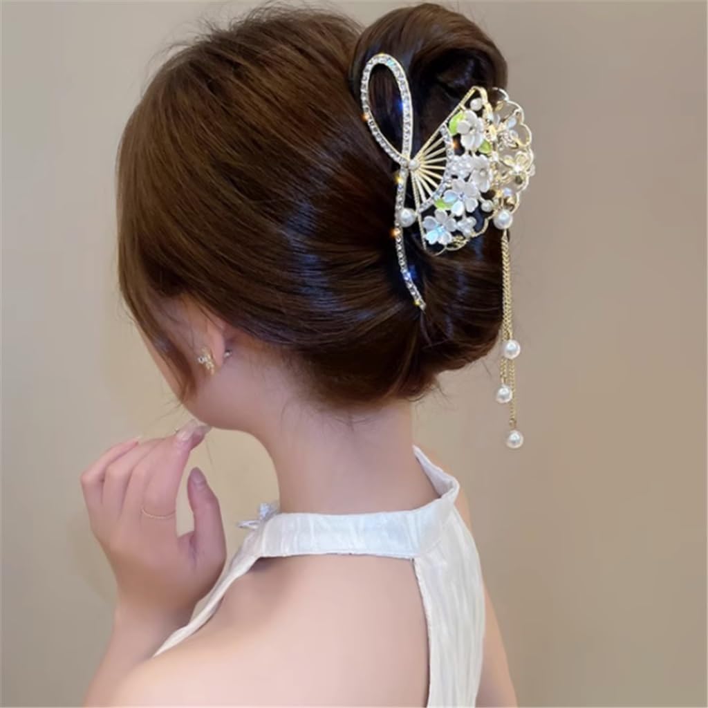 Antique fan hair clip, back spoon, pearl tassel, headdress, shark, large, female