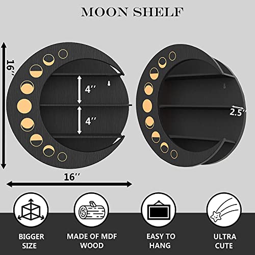 Florlab Moon Shelf For Crystals - Bigger Size, 16" 3-Tier Moon Crystal Shelf Display - Functional Moon Shelves For Crystal Display, Oils, Air Plants, Nursery Decor - Adorable Crystal Wall Decor #TOP3