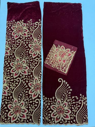 Beaded Indian Velvet George Fabric-Burgundy Red with Gold Embroidery