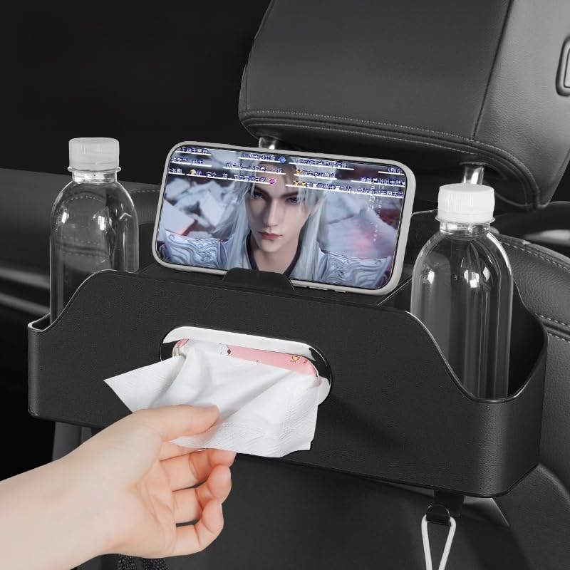 kHiveTrun Car Seat Caddy Organizer with 2 Cup Holders & Hooks - Multi-Functional Headrest Storage for Tissue, Phones & Travel Essentials - Black Rear Seat Organizer for