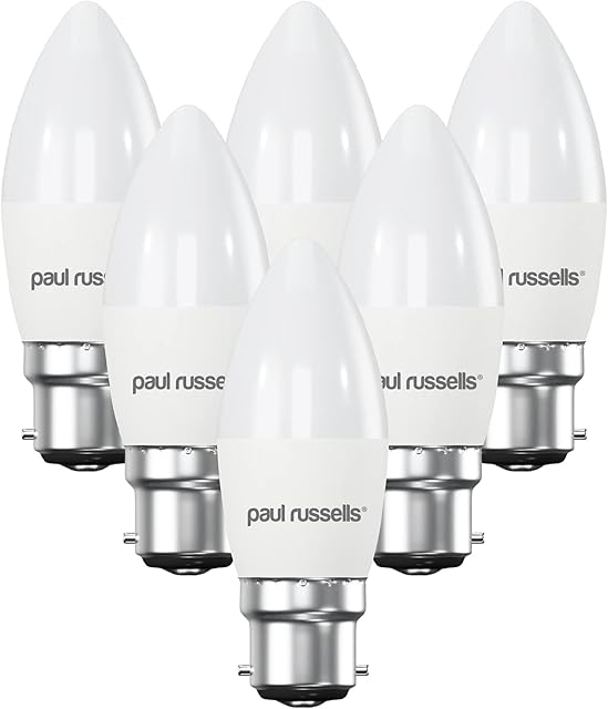 paul russells Bayonet Light B22D, 60W Bulb, Warm White 3000K, 7W 600lm LED Bulbs, BC C37 Candle Energy Saving Chandelier Lightbulbs, Non-dimmable, Pack of 6