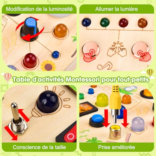 Fwiull Busy Board Jouet Montessori 1 an,Jouet Enfant en Bois à Partir de 2 Ans,Planche Busy Board Montessori pour Les 1 2 3 Ans,Activity Board avec 29 LED Jouets Sensoriel Parcours Motricité bébé – Image 4