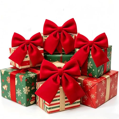 QIANGED Velvet Bows 4Pcs 9.8x10.2 inch, Plush Red Bows with Super Thick Velvet Fabric, Soft Christmas Bows for Tree Topper, Wreath, Mantel Decor, Gift Wrapping, Holiday Ornaments