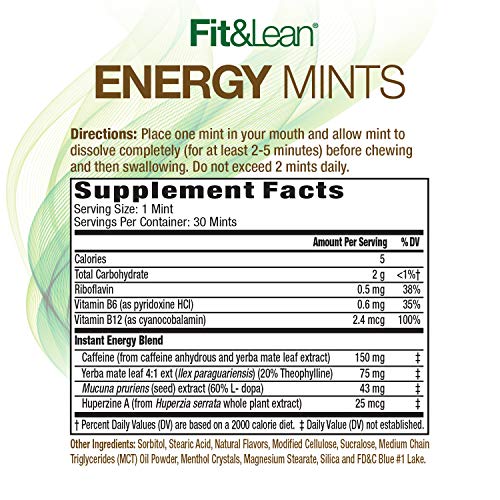 Fit & Lean Energy Mints, Enhance Mental Focus, Boost Energy, Sugar Free, 150Mg Caffeine, Peppermint, 30 Mints #TOP1