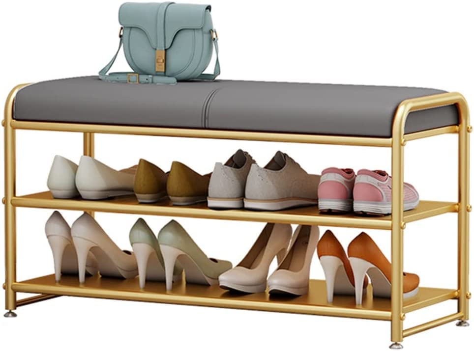 Banc à chaussures avec coussin moelleux et double étagère en fer