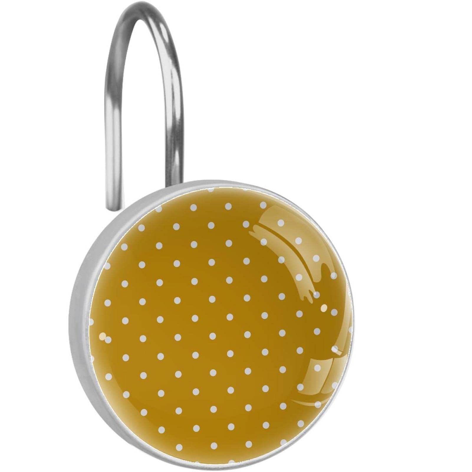 Set of 12 Shower Curtain Hooks, Shower Curtain Rings Crystal Glass Decorative Bathroom Hook, Mustard Yellow White Polka Dot