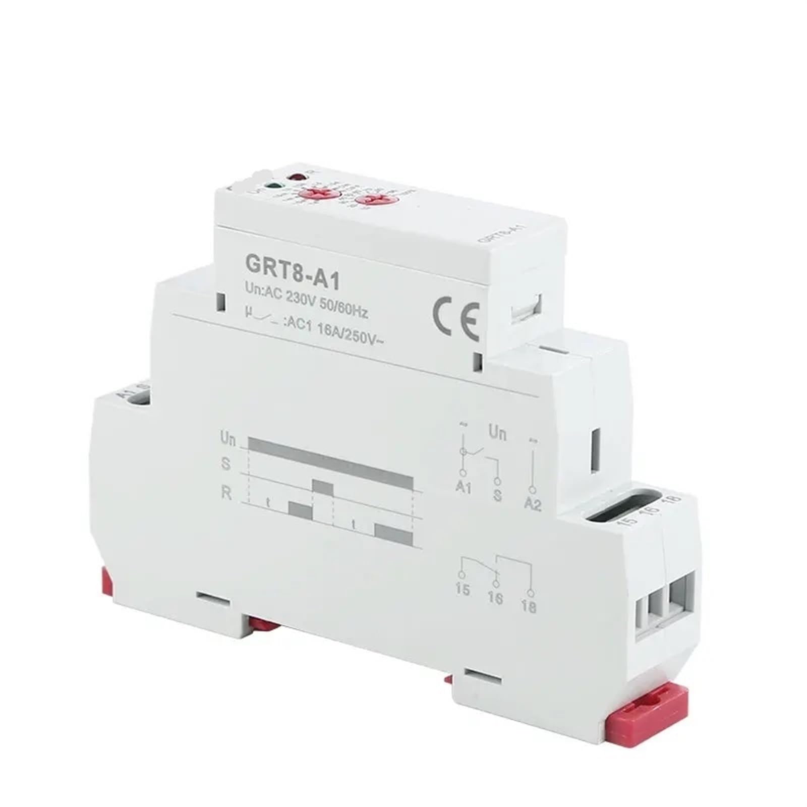 Relé temporizador electrónico GRT8-A de 16 A SPDT con retardo de encendido, tipo riel DIN, CA 230 V o CA/CC 12-240 V, 1 unidad(GRT8-A1-AC230V)