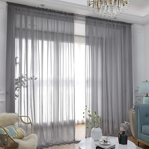 Image of Window Gray Sheer Curtains 90 Inches Long 2 Panels Sheer Curtain Basic Rod Pocket Panel for Bedroom Children Living Room Yard Kitchen (Gray, 52 inch W x 90 inch L | 2 pcs)