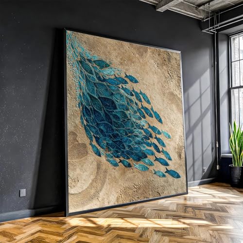 Peinture abstraite poisson bleu impression sur toile contemporaine mer 45x45cm