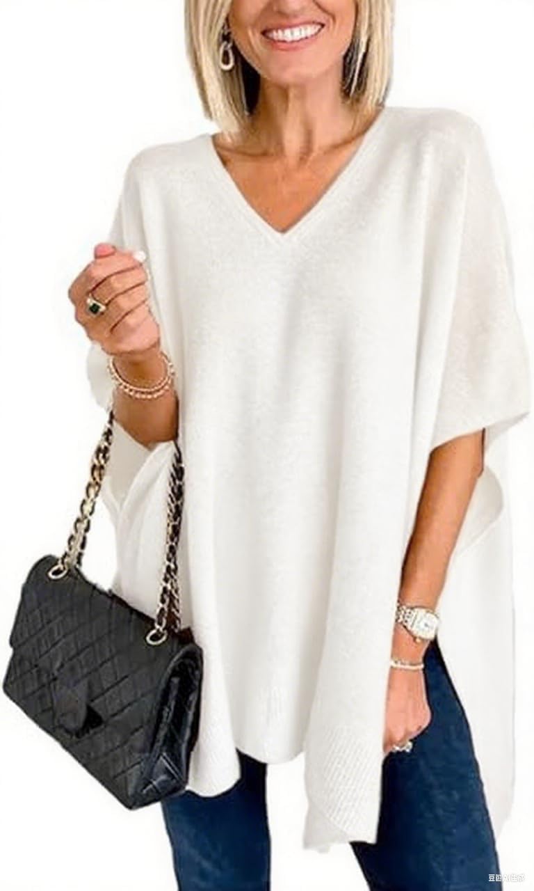 Pinclodly Womens Poncho Sweater Women V Neck Ponchos and Wraps Batwing Sleeveless Shawl Pullover Sweaters Women's Clothing