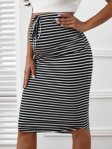 Oyoangle Women's Maternity Striped Tie Front High Waist Pregnancy Pencil Midi Skirt Black L #TOP1