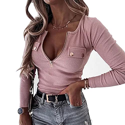OUFEIYA Womens Long Sleeve Henley T Shirts Button Down Slim Fit Zipper Tops Scoop Neck Ribbed Knit Shirts