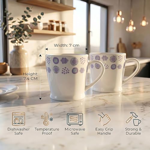 Image of UPC Coffee Mug Set of 6 | White & Purple Abstract Polka Dot Print | Lavender Circle Geometric Border Pattern | Bone China Tea & Coffee Cups | Microwave Safe | Home & Kitchen