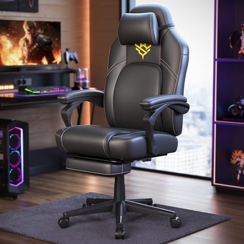 SONGMICS HOME Krzesło do gier, ergonomiczne krzesło komputerowe z podnóżkiem, krzesło biurowe, krzesło obrotowe z poduszką, PU z regulacją wysokości, atrament czarny OBG072B01