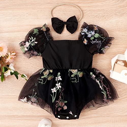 ODASDO Dresses for Baby Girls Birthday Party Newborn Princess Romper Flower Embroidery Short Sleeve Sundress with Headband2