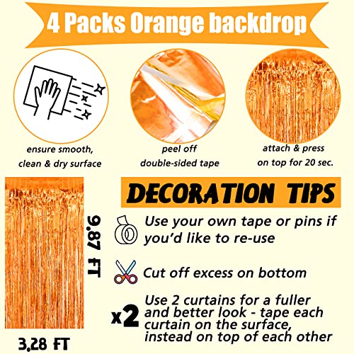 Image of 4 Pack Orange Fringe Curtain Backdrop, 3.2Ft x 9.8Ft Metallic Tinsel Foil Fringe Streamers Background for Photo Booth Birthday Wedding Baby Shower Carnival Easter Mother's Day Party Decorations