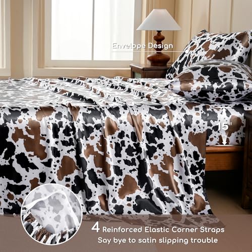Image of MR&HM Satin Bed Sheets with Elastic Corner Straps, King Size Sheets Set, 4 Pcs Silky Bedding Set with 15 Inches Deep Pocket for Mattress (King, Cow Print)