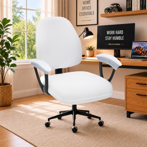 Image of Stretchable Separate Office Chair Seat Covers with Armrest Covers - Universal Stretch Computer Chair Slipcover - Washable Rotating Backrest Coverings & Cushion Protectors for Dogs, Cats, Pets, White