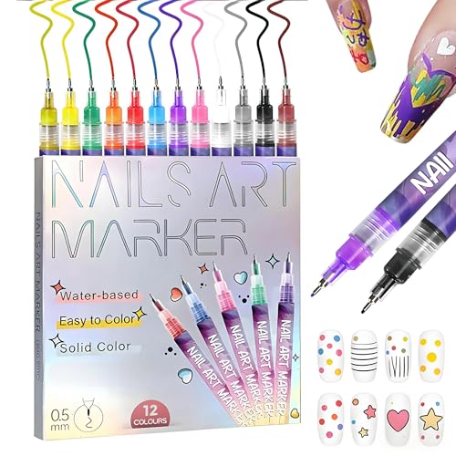 12 Colors Nail Art Pens Set,2026 New Nail Art Markers for Gel Nails,Nail Art Markers Polish Pen for 3D Nail Art,Nail Art Nail DIY Decoration for Kids (A-1 Set)