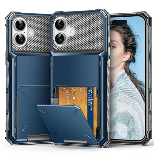 TOPAUX for iPhone 16 Plus Wallet Case 5 Credit Card Holder Flip Cover Secure Back Pocket Slot Compartment Dual Layer Shockproof Bumper Anti-Scratch Protective Hard Shell for iPhone 16 Plus Navy Blue