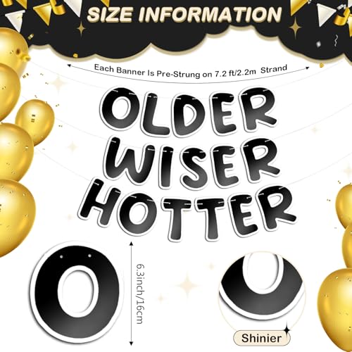 Image of Fulmoon Set of 3 Pre Strung Older Wiser Hotter Glitter Banner Funny Birthday Banner for Women 30th 40th 50th 60th 70th 80th Birthday Party Decorations Sign Gift(Bright Black and White)
