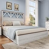 DWVO Simple Full Size Bed Frame with 47.2'' Headboard, Platform Vintage Wood Bed Frame with Slats, Sturdy and Noiseless, No Spring Needed, White