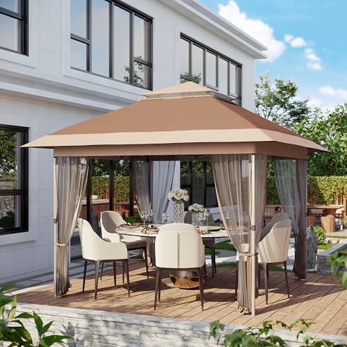 10x10 Canopy Tent, Pop Up Gazebo Tent with Mosquito Netting, Outdoor Canopy with 4 Sandbags & Wheeled Bag & Height Adjustable, Pop Up Gazebo for Patio Garden Backyard Lawn Deck