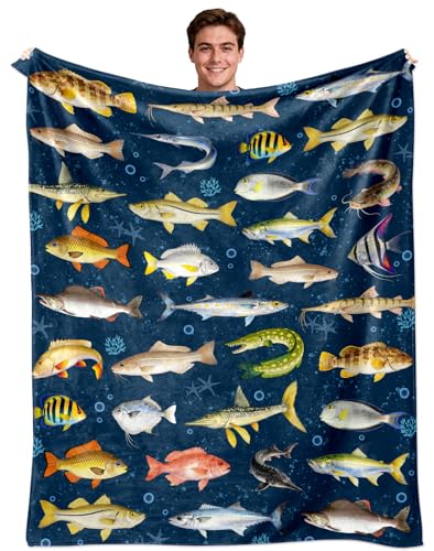 Fishing Blanket Gift for Men Boys Soft Flannel Fish Throw Blanket Funny Gift Idea for Fish Lovers Fishermen Angler 50x40