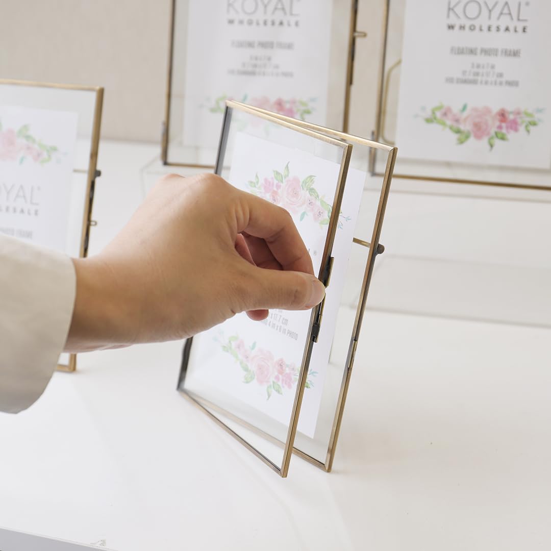 Koyal Wholesale Pressed Glass Floating Photo Frames 5 x 7 Frame, Antique Gold 8-Pack Use Horizontal or Vertical