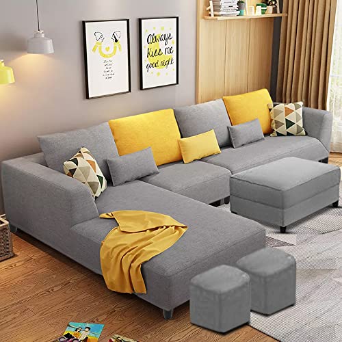 Image of Casaliving Minta 8 Seater L Shape Sofa Set with Ottoman & 2 Puffy for Living Room (8 Seater LHS, Grey)