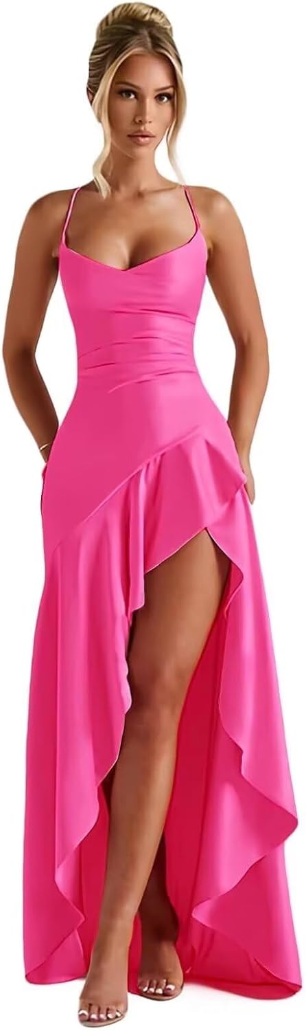 Spaghetti Straps Prom Dresses with Slit Ruffle Square Neck Party Dress Mermaid Silk Satin Evening Gowns