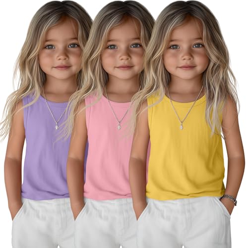 Ficerd 3 Pack Toddler Girls Tank Tops Baby Casual Crew Neck Sleeveless Shirts Kids Basic Athletic Loose Fit Solid Tee(4T Purple Pink Yellow)