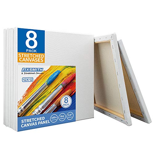 FIXSMITH Stretched White Blank Canvas- 12x12 Inch,Bulk Pack of 8,Primed,100% Cotton,5/8 Inch Profile of Super Value Pack for Acrylics,Oils & Other Painting Media
