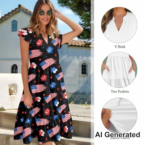 Image of Women's Casual Ruffle Sleeve Dress V Neck Pullover Dress Flowy A-Line Pleated Lightweight Dress with Pockets