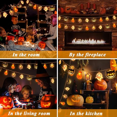 Qillnyy Catena luminosa decorativa per Halloween, 4 m, 20 LED, 4 tipi di luci di Halloween, zucca, spirito, ragnatela, gatto, 2 batterie AA per Halloween, feste, camere