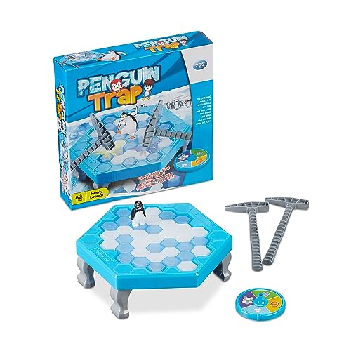 Relaxdays Pinguin Spiel, Kinderspiel ab 3 Jahre, Spielspaß für die Familie, 2–4 Spieler, Eisbrecher-Spiel, blau/weiß