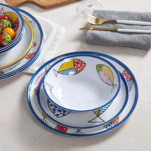 Image of Melamine Dinnerware Set for 4,12PCS Fish Plates and Bowls Sets | Coastal Dishes Great for Camper, RV, Indoors Outdoors Use with Ocean Printed, Unbreakable and Dishwasher Safe，Multicolor